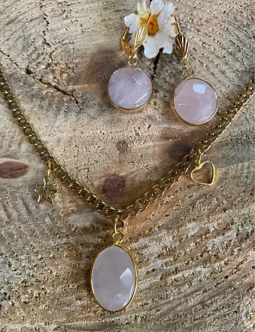 Collar y pendientes de cuarzo rosa